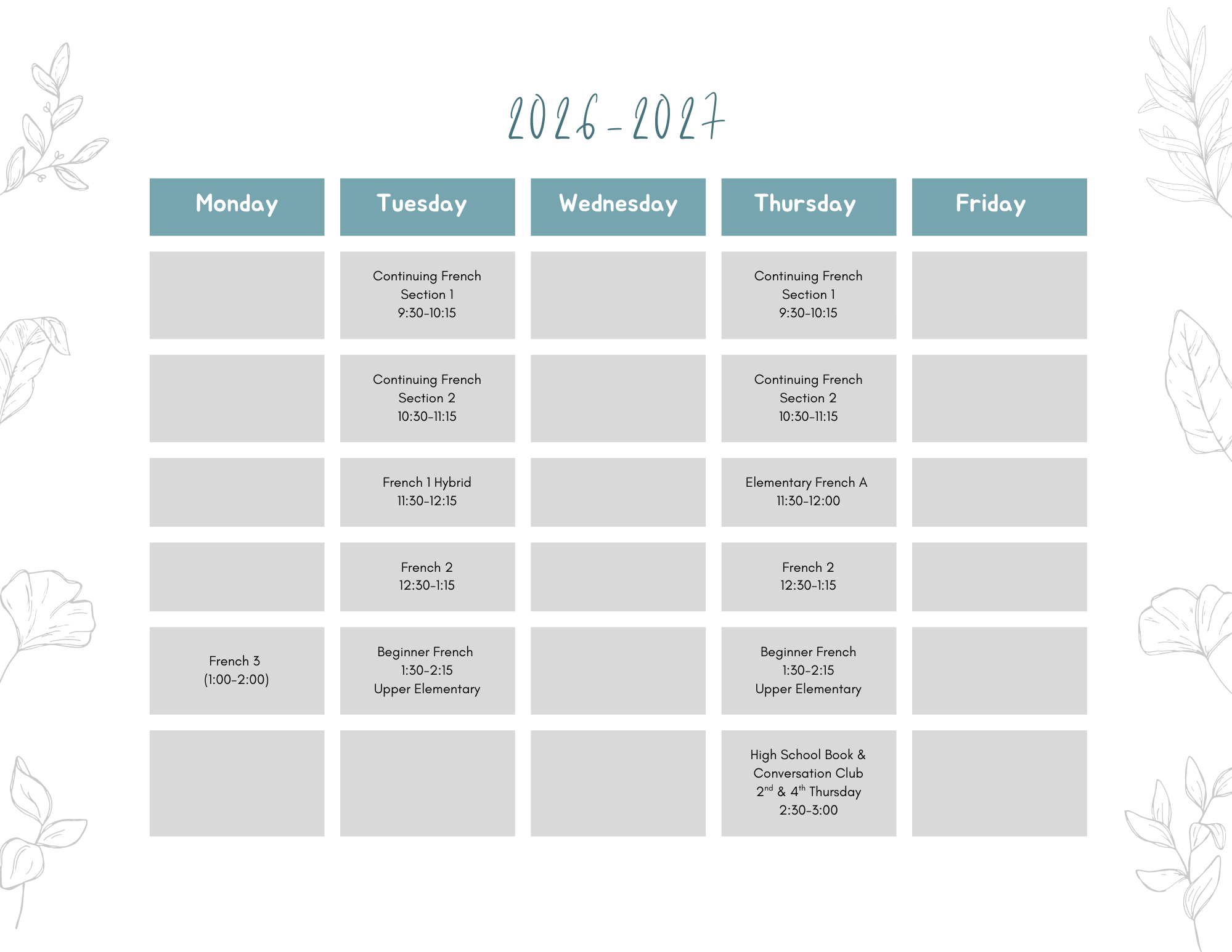 CM Everyday French weekly class schedule for the 2026–2027 school year (Monday through Friday, Eastern Time).