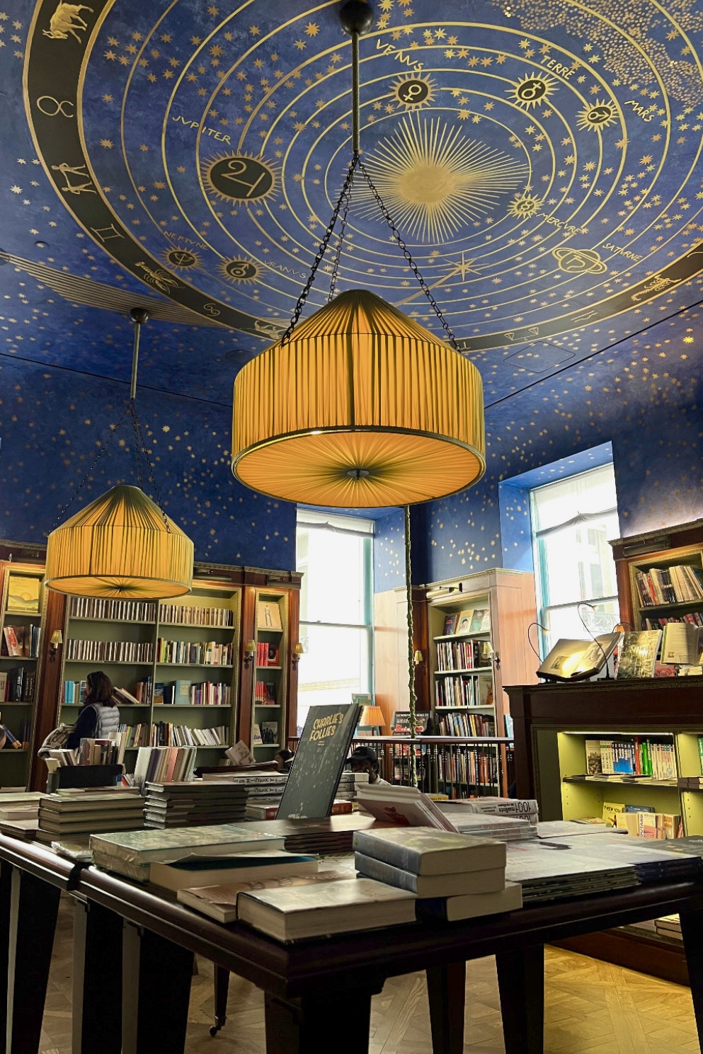 A cozy library with a decorated blue ceiling and books