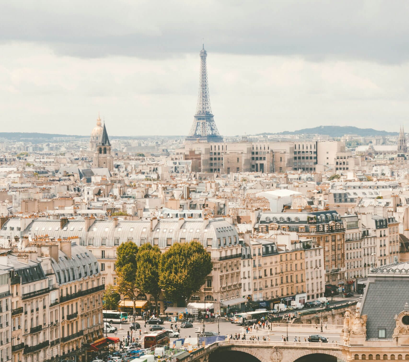 A Paris city view with the Eiffel Tower in the distance